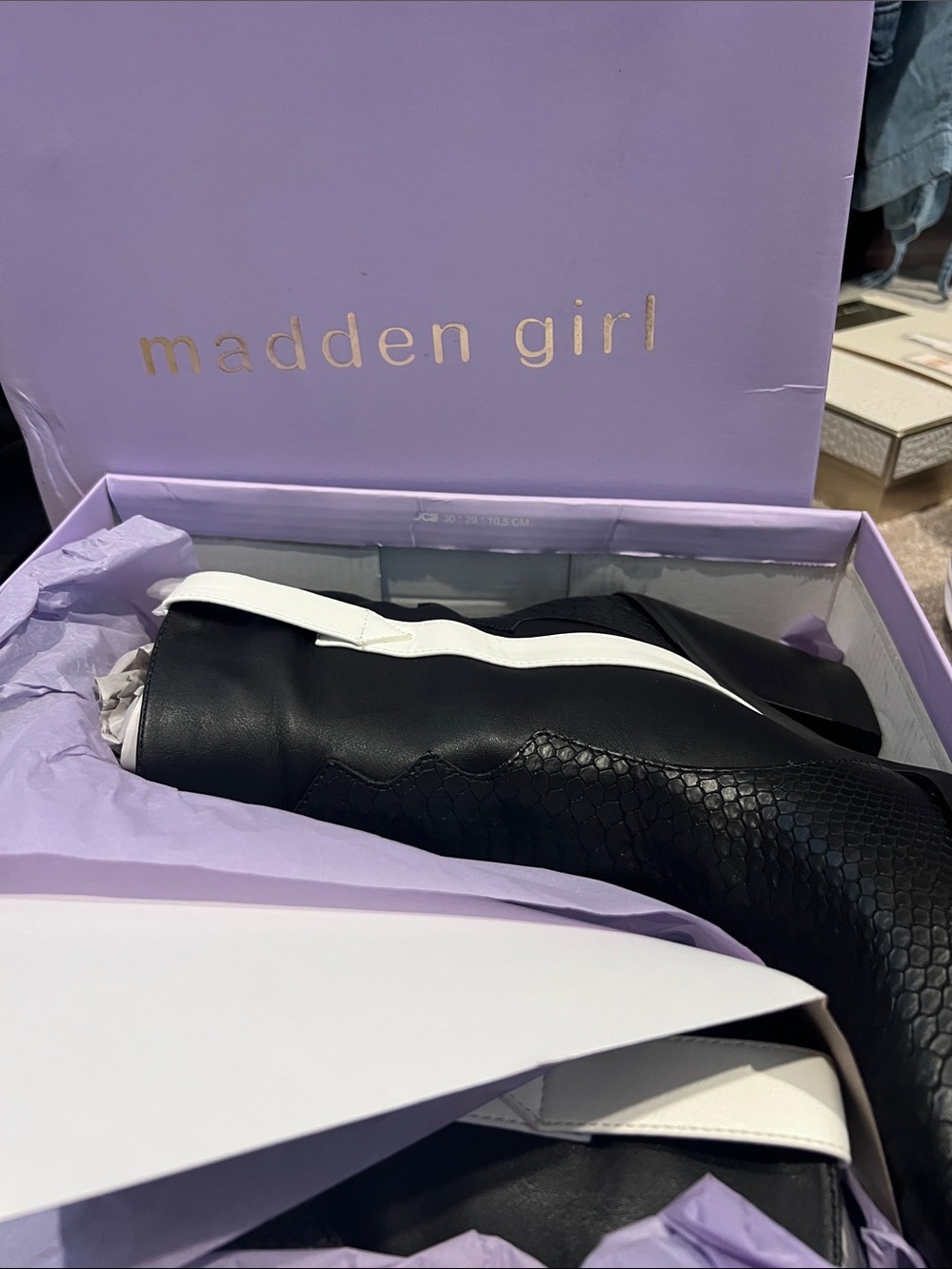 Madden Girl Black and White Textured Heeled Boots